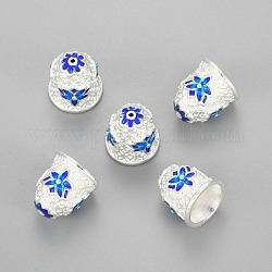 Silberfarben plattierte Emaille-Perlenkegel aus Legierung, cadmiumfrei und bleifrei, apetalous, Blumenmuster, Blau, 16.5x15.5 mm, Bohrung: 1.2 mm, Innen: 11 mm