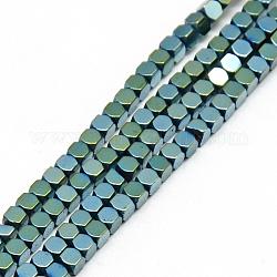 Electroplate Non-magnetic Synthetic Hematite Beads Strands, Faceted, Cube, Green Plated, 2x2x2mm, Hole: 1mm, about 193pcs/strand, 15.7 inch