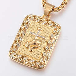 Collares colgantes de 304 acero inoxidable, con diamante de imitación, rectángulo con mano y cruz, dorado, 24.4 pulgada (62 cm)