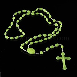 Collier de perles de chapelet en plastique lumineux, collier pendentif croix phosphorescente pour femme, pelouse verte, 21.65 pouce (55 cm)