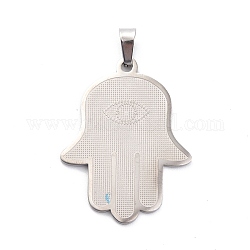 304 Stainless Steel Pendants, Hamsa Hand/Hand of Miriam Charm, Stainless Steel Color, 37.5x29x1mm, Hole: 7x3.5mm