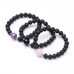 Bracelets extensibles perlés en pierre de lave naturelle, avec des perles de pierres précieuses naturelles mélangées, 2-1/8 pouce (53 mm)