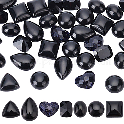 Pandahall elite 42pcs 7 cabochons de pierres précieuses naturelles et synthétiques de style, facette, ovale & larme & triangle & coeur & demi rond & rectangle & carré, noir, 6 pièces / style