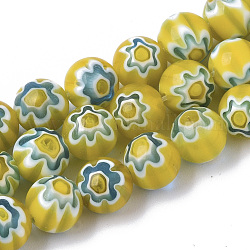 Chapelets de perles vernissées de millefiori manuelles, ronde, jaune, 8mm, Trou: 1.2mm, Environ 48 pcs/chapelet, 14.17 pouce (36 cm)