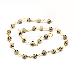Natural Gemstone Round Beads Handmade Golden Brass Chains, Unwelded, Dalmatian Jasper, 16inch, Beads: 6mm, about 29pcs/strand