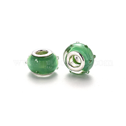 Perles européennes vernissées manuelles, perles de rondelle avec grand trou , lampwork bosselé, en laiton de tonalité de platine noyaux doubles, vert de mer moyen, 16~17x14~15x9~10mm, Trou: 5mm