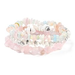 Chips de quartz rose naturel et morganite et howlite ensembles de bracelets extensibles perlés, bracelets empilables, diamètre intérieur: 2-1/8 pouce (5.5 cm), 3 pièces / kit