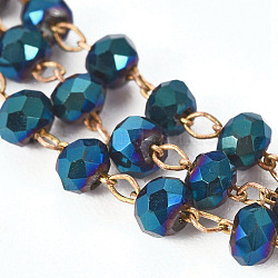 Handmade Electroplated Glass Beaded Chains, Soldered, with Spool, with Raw(Unplated) Brass Findings, Faceted Rondelle, Medium Blue, 2.5~3mm, about 32.8 Feet(10m)/roll