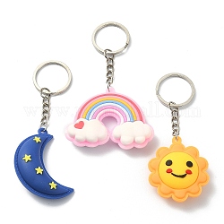 Porte-clés pendentif en plastique pvc, avec porte-clés fendus en fer plaqué platine, soleil, lune et arc-en-ciel, couleur mixte, 10.1~11 cm, 3 pièces / kit