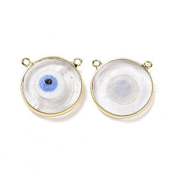 Handmade Lampwork Pendants, with Golden Plated Brass Findings, Cadmium Free & Lead Free, Flat Round with Evil Eye, Cornflower Blue, 21x21x4.5mm, Hole: 1.5mm