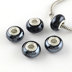 Rondelle pearlized handgemachte Porzellan europäischen Perlen, mit versilberten Messingkernen, Großloch perlen, Schwarz, 14~16x9~10 mm, Bohrung: 5 mm