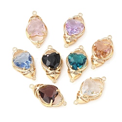 Brass K9 Glass Connector Charms, Light Gold Tone Heart Links, Mixed Color, 27x14.5x8mm, Hole: 1.5mm