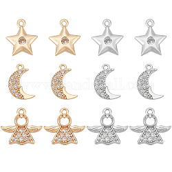 Benecreat 12 pz 6 stile ottone zirconi charms, pendenti a forma di angelo con strass glitterati e stelle di luna per orecchini, bracciale, collana, creazione di gioielli