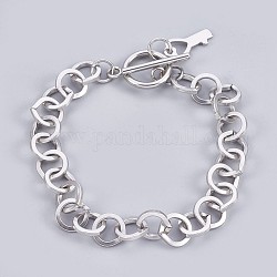 304 Stainless Steel Cable Chain Bracelets, with Toggle Clasps and Key Shape Charm, Stainless Steel Color, 7-5/8 inch(19.5cm), 9mm