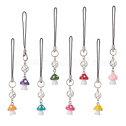 Mushroom Opaque Resin Mobile Strap, Cord Loop and Alloy Pentacle Links Mobile Decorative Accessories, Mixed Color, 10.6cm, 8pcs/set