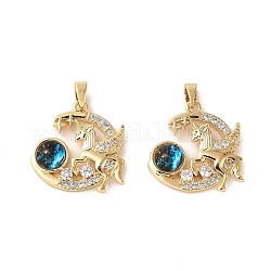 Moon with Unicorn Rack Plating Brass Micro Pave Cubic Zirconia Pendants, with Glass, Long-Lasting Plated, Real 18K Gold Plated, 19.5x19.5x3mm, Hole: 5x3mm