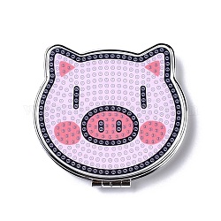 Diy schwein speziell geformte diamantmalerei mini schminkspiegel kits, klappbare zweiseitige Kosmetikspiegel, mit Strass, Kugelschreiber, Kunststoffwanne und Bohrschlamm, Perle rosa, 74x80x12.5 mm