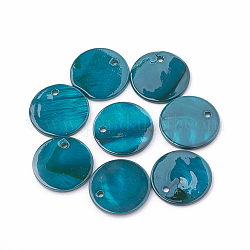 Подвески из пресноводных оболочек, окрашеные, плоско-круглые, зелено-синие, 16x1.5~2 мм, отверстие : 1 мм