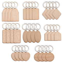 Globleland 32Pcs 8 Styles Wooden Blank Pendant Keychain, with Alloy and Iron Keyring, for DIY Craft Laser Engraving, Mixed Shapes, 75~100mm, 4pcs/style