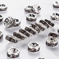 Séparateurs perles en laiton avec strass, couleur argentée, sans nickel, diamant noir, 8x3.8mm, Trou: 1.5mm
