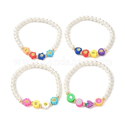 Pulsera elástica redonda de perlas de vidrio para mujeres adolescentes, linda pulsera de cuentas de arcilla polimérica, forma mixta, color mezclado, diámetro interior: 2-1/8 pulgada (5.4 cm)