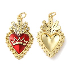 Rack Plating Brass Pendants,  with Cubic Zirconia and Enamel, Lead Free & Cadmium Free, Long-Lasting Plated, Heart, Real 18K Gold Plated, 27x16.5x3mm, Hole: 3.5mm