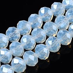 Abalorios de vidrio electroplate hebras, cuentas de jade de imitación, lustre de la perla chapado, facetados, rerondana plana, azul claro, 10x8mm, agujero: 1 mm, aproximamente 65~66 pcs / cadena, 20.8~21.2 pulgada (53~54 cm)