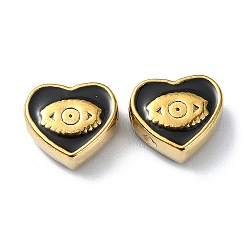 Ionenplattierung (IP) 304 Edelstahl-Emaille-Perlen, echtes 18k vergoldet, Herz mit Auge, Schwarz, 9x10x4.5 mm, Bohrung: 1.2 mm
