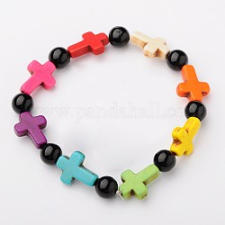 Natural & Synthetic Mixed Stone Round Beads Stretch Bracelets, with Colorful Synthetic Howlite Cross Beads, 57mm