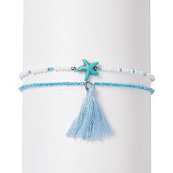 Ensemble de bracelets de cheville en verre, avec des perles d'étoiles de mer turquoises synthétiques et des décorations pendantes à pampilles, bleu profond du ciel, diamètre intérieur: 2-3/4 pouce (7.1 cm), 2 pièces / kit