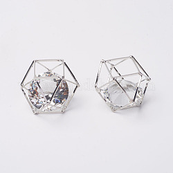Laiton perles de polygone creux, avec des billes de verre flottant à l'intérieur, platine, 13x13x17mm