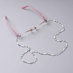 Catene di occhiali turchesi sintetici, tracolla per occhiali, con perline di vetro, perle di vetro e perle di ferro, 735~755mm, perline: 4~4.5 mm, Foro: 3x4~6 mm