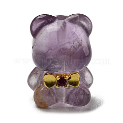 Natural Amethyst Bear Beads, with Rack Plating Golden Tone Brass Bowknot, 14.5x10x10mm, Hole: 1mm
