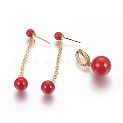 Colgantes de latón y conjuntos de aretes colgantes, con la cáscara de la perla y el circonio cúbico, redondo, rojo, pendientes: 50~50.5 mm, pin: 0.8 mm, colgantes: 16x12 mm, agujero: 3.5x9.5 mm