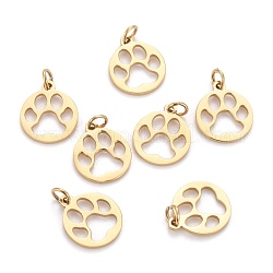 Ion Plating(IP) 304 Stainless Steel Pet Charms, with Jump Rings, Flat Round with Dog Footprint, Golden, 9.5x8x1.5mm, Hole: 2mm