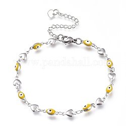 304 Stainless Steel Link Bracelets, with Enamel and Lobster Claw Clasps, Evil Eye & Heart, Stainless Steel Color, Yellow, 8-1/8 inch(20.5cm), Eye: 10x4x3.5mm