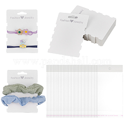 PandaHall Elite 50Pcs Paper Hair Tie Display Cards, with 50Pcs Cellophane Bags, White, Cards: 11.1x8.2x0.04cm, 50pcs; Bags: 16x9cm, Hole: 8mm, 50pcs
