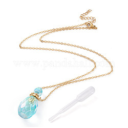 Electroplated Natural Quartz Crystal Openable Perfume Bottle Pendant Necklaces, with 304 Stainless Steel Cable Chains and Plastic Dropper, Faceted, Golden, Pale Turquoise, 20.47 inch(52cm), Bottle Capacity: 2~3ml(0.06~0.1 fl. oz)