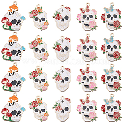 Sunnyclue 20 pièces 5 pendentifs en alliage de style Halloween, avec l'émail, or clair, crâne avec corbeau/rose/champignon, couleur mixte, 28~30x20~24x1mm, Trou: 1.6~2mm, 4 pièces / style