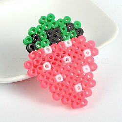 Melty Beads PE DIY Fuse Beads Strawberry Brooch, with Iron Findings, Platinum, Cerise, 64x49mm, Pin: 0.8mm