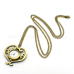 Alloy Heart Pendant Necklace Quartz Pocket Watch, with Iron Chains and Lobster Claw Clasps, Antique Bronze, 30.7inch Watch Head: 39x40.5x7mm