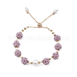 Bracelet coulissant tressé en perles naturelles et verre, bracelet ajustable au crochet perlé pour femme, brun rosé, diamètre intérieur: 1-3/4 pouce (4.5 cm)