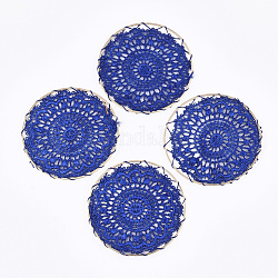 Anhänger aus Polycotton (Polyester-Baumwolle), mit Messing-Zubehör, flach rund mit Blume, Licht Gold, Blau, 50x1 mm