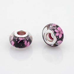 Flower Pattern Resin European Beads, Large Hole Rondelle Beads, with Silver Tone Brass Cores, Pearl Pink, 14x9mm, Hole: 5mm
