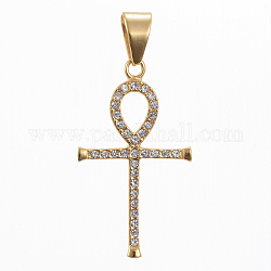 304 Stainless Steel Pendants, with Rhinestone, Ankh Cross, Golden Tone, Crystal, 47x27x3mm, Hole: 11x8mm
