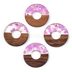 Pendentifs en résine transparente et bois de noyer, Breloques disque donut/pi avec paillettes coeur, ciré, violette, largeur du beignet: 13 mm, 28x3.5mm, Trou: 2mm