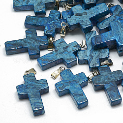 Dyed Natural Blue Agate Pendants, with Stainless Steel Snap On Bails, Cross, 29~30x18~19x5~6mm, Hole: 6x4mm