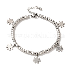 304 Stainless Steel Snowflake Charm Bracelet with 201 Stainless Steel Round Beads for Women, Stainless Steel Color, 8-5/8 inch(21.8cm)