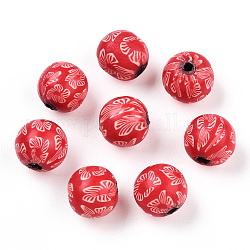 Perles en pâte polymère manuel, ronde avec motif de fleurs, rouge, 10mm, Trou: 1.5~2mm