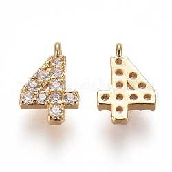 Brass Micro Pave Clear Cubic Zirconia Charms, Number, Golden, Num.4, 9.5~10x4~6.5x2mm, Hole: 0.8mm